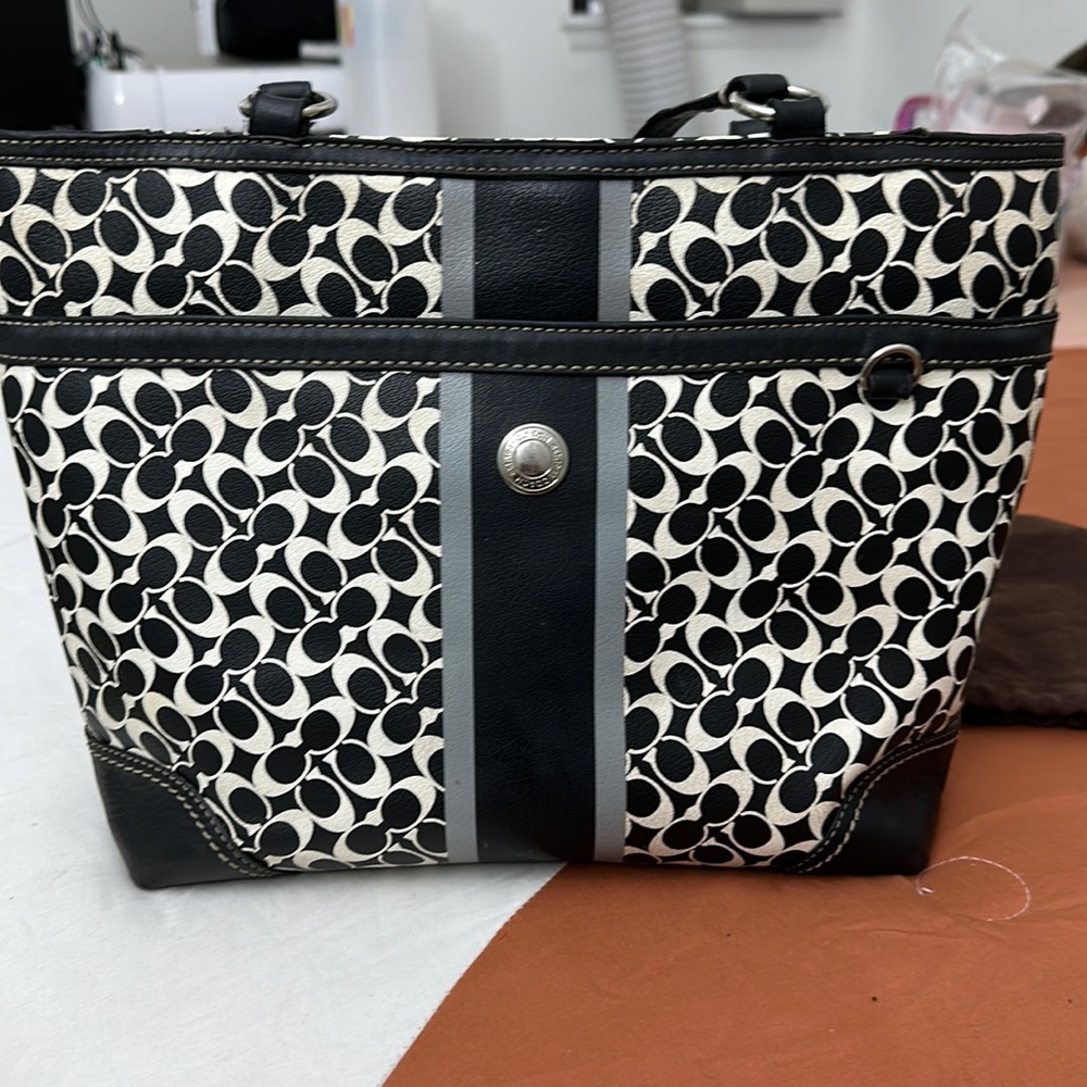 Black and white signature coach tote